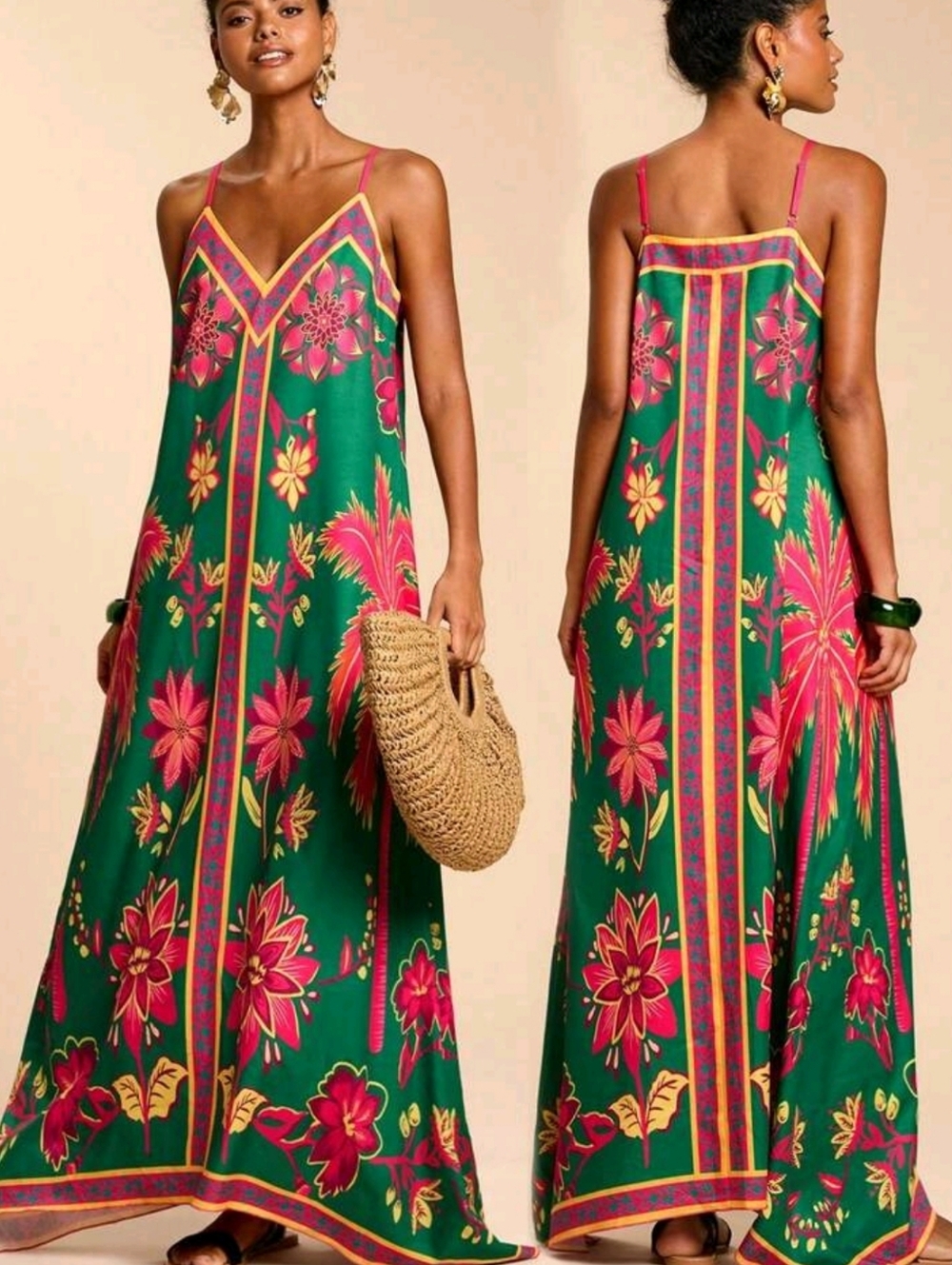 Floral V-Neck Maxi Dress in Green and Pink